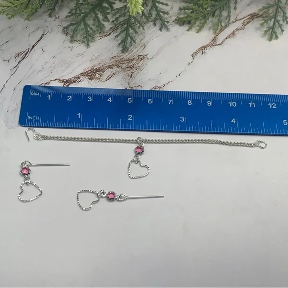 Silver Heart Pink Crystal Silver Doll Necklace Earring Set 14” Wellie Wisher 5/1 - Picture 9 of 15